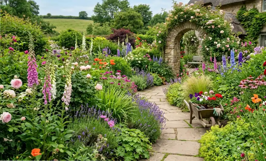 Team members at the nursery with rows of flower plants